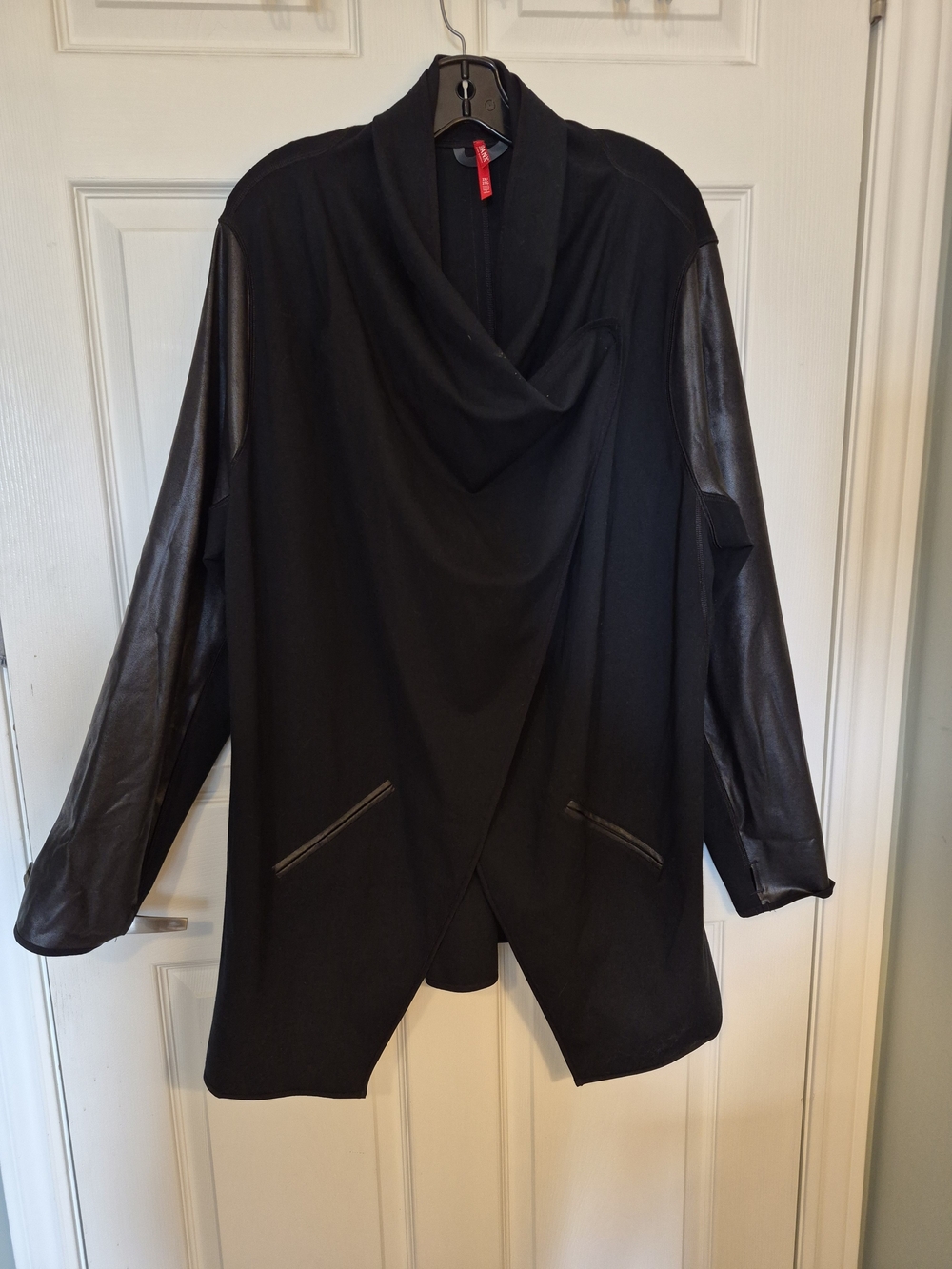 SPANX Black Draped Open-Front Jacket with Leather-Sleeve Detail
